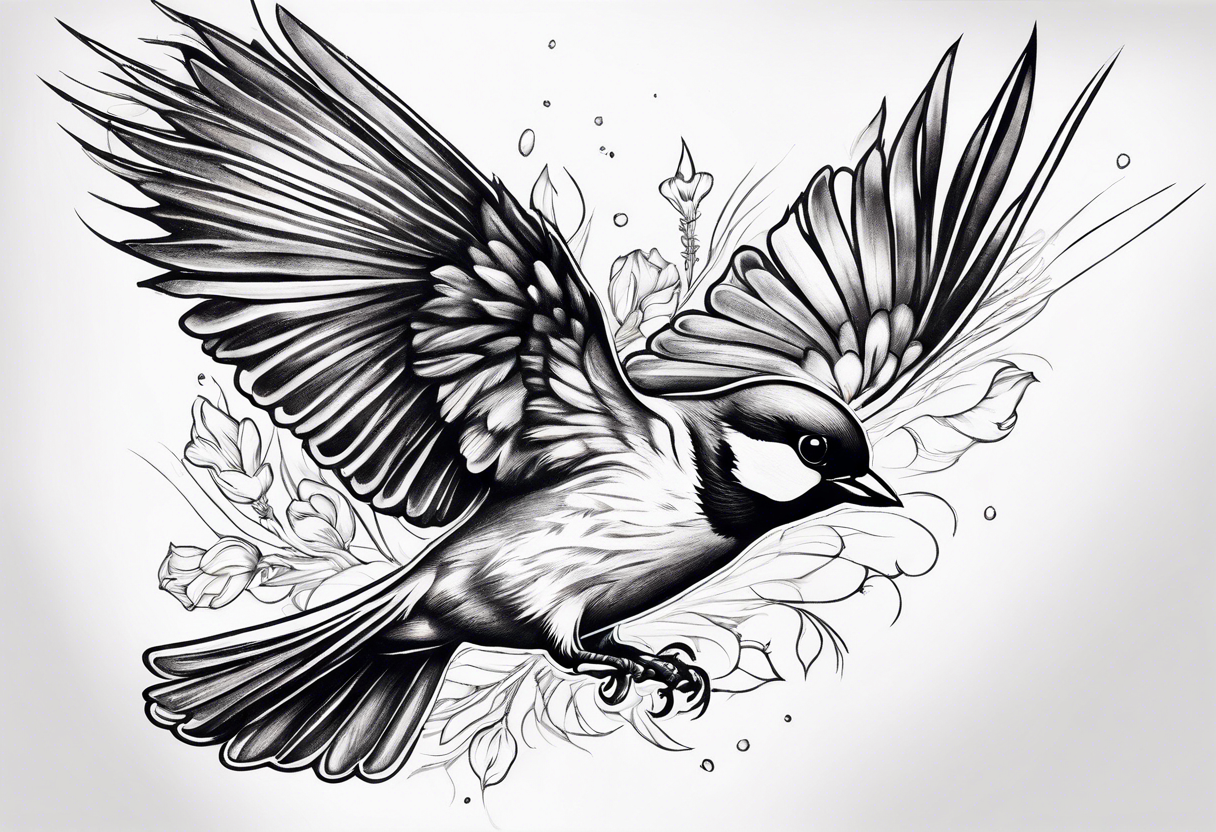 one flying 
sparrow, sunrays, 
make it a neck sleeve
add in a cosmos, iris, daisy, poppy and larkspur tattoo idea