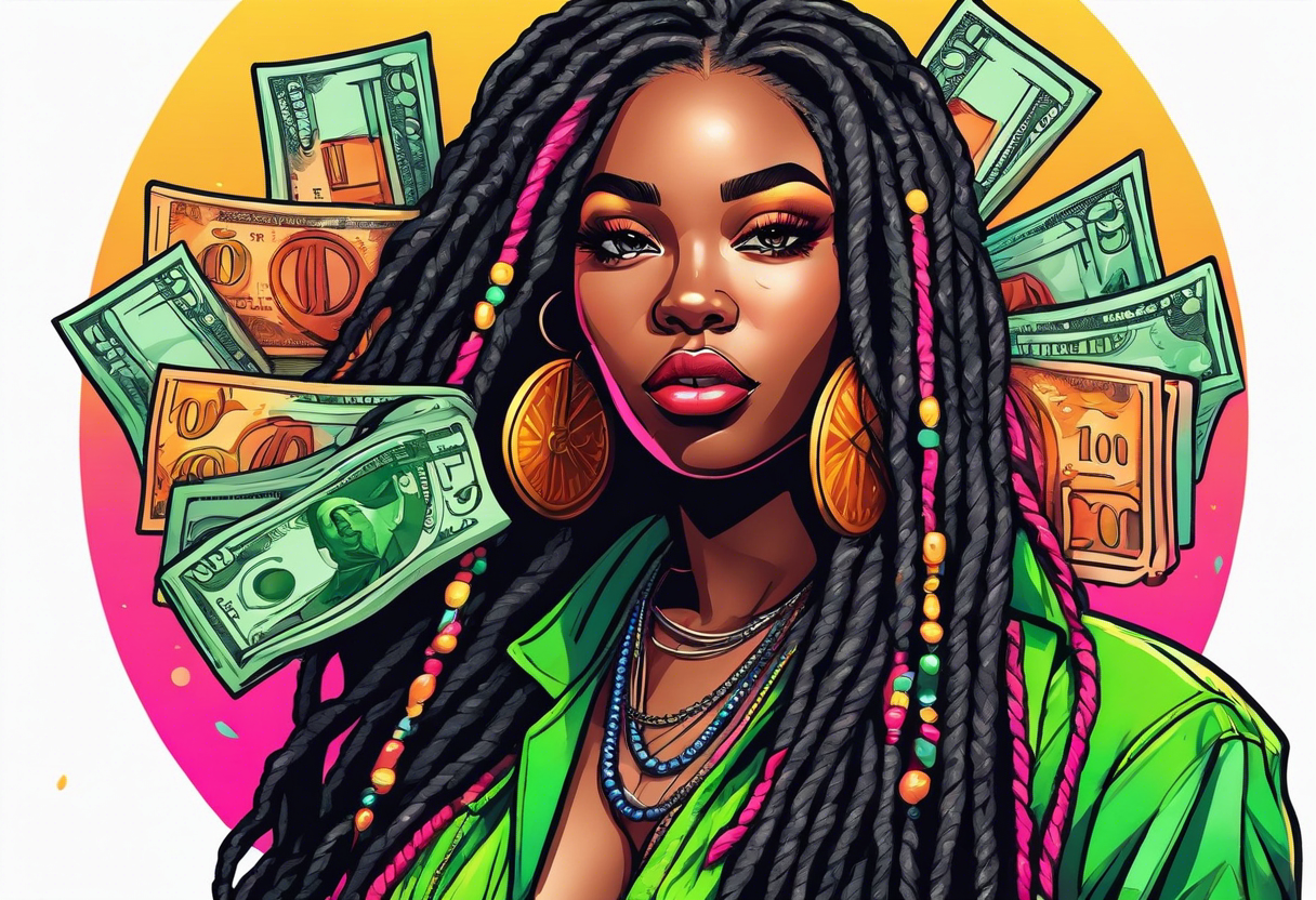 beautiful thick black women with long straight dreadlocks, new school style, holding piles of money, colorful, neon, bright, streetwear, streetstyle, urban tattoo idea