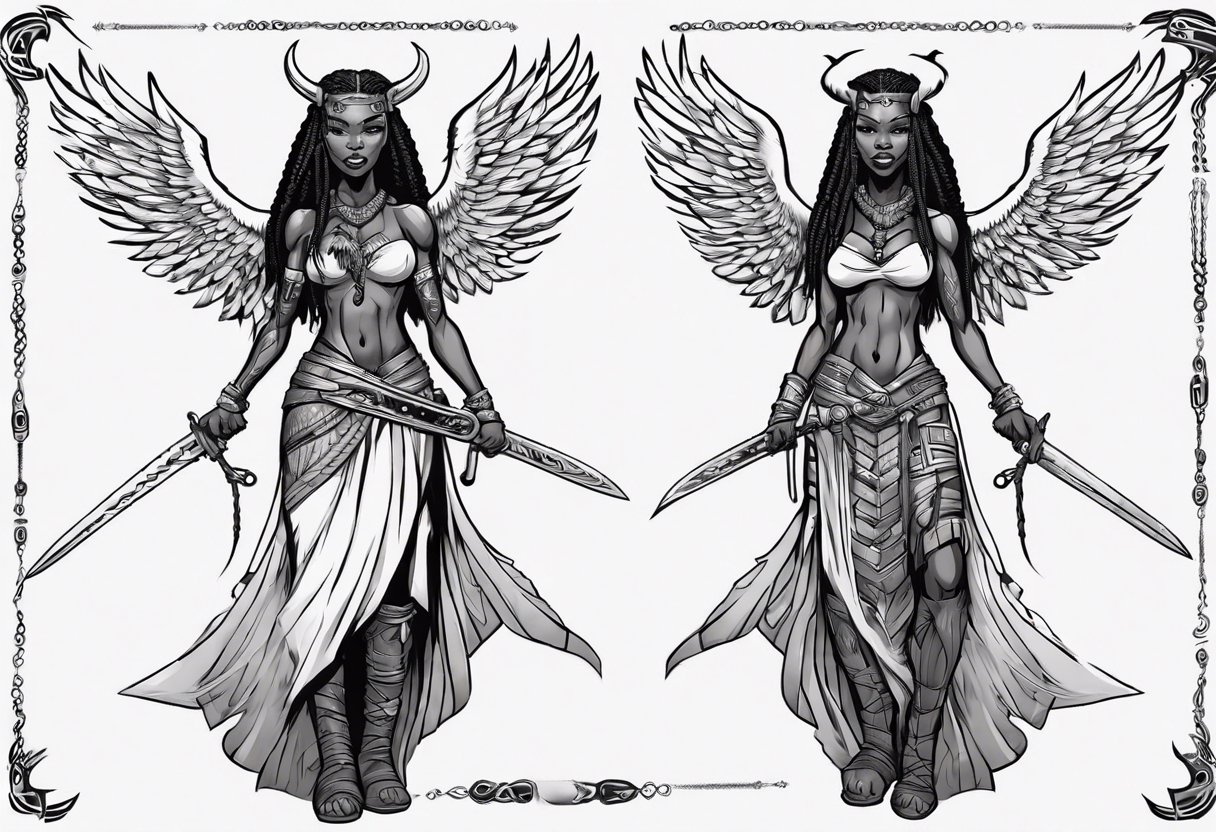 African female Viking valkyre angel smiling full body 
slim long face small mouth long braided hair holding sword tattoo idea