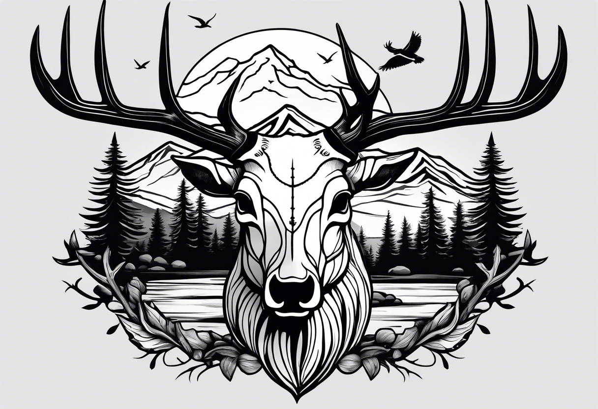 elk skull with mountains and trees
with a stream and birds overhead tattoo idea