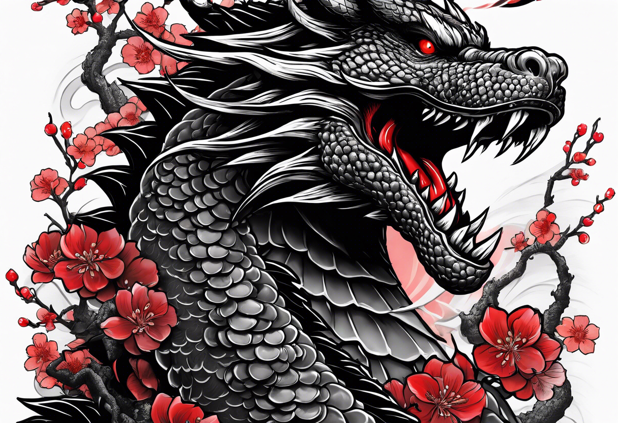 godzilla inspired dragon irezumi in black and red with water and lightning and cherry blossoms arm sleeve tattoo idea