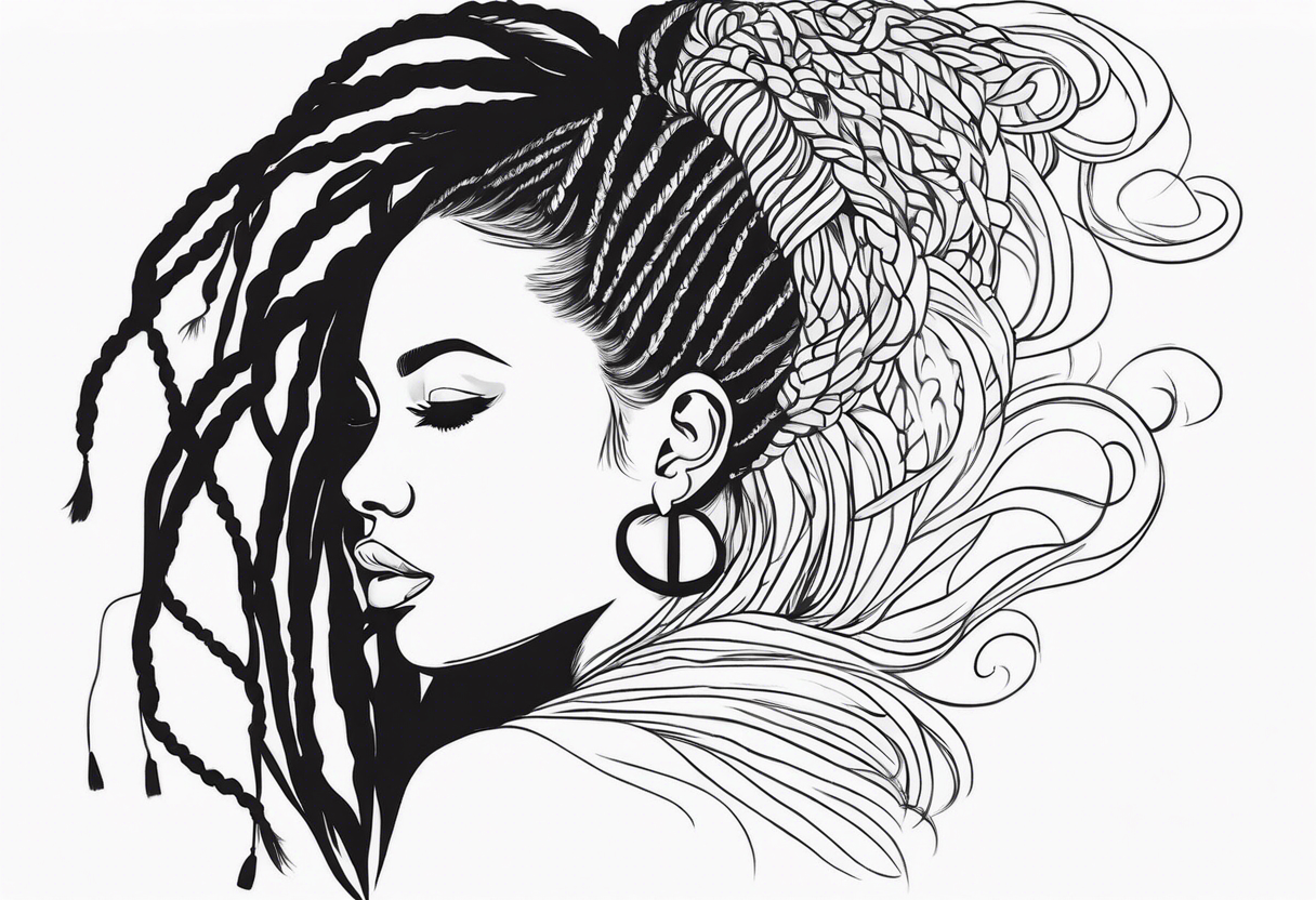 Draw a women head with real dread locks flying in the air, all hair should be to see tattoo idea