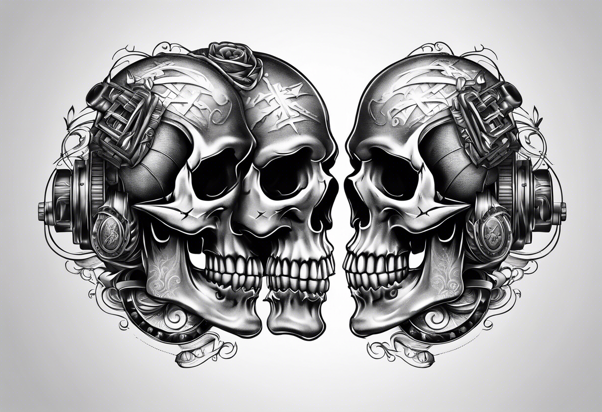 skull halves stitched together with roller coaster track tattoo idea