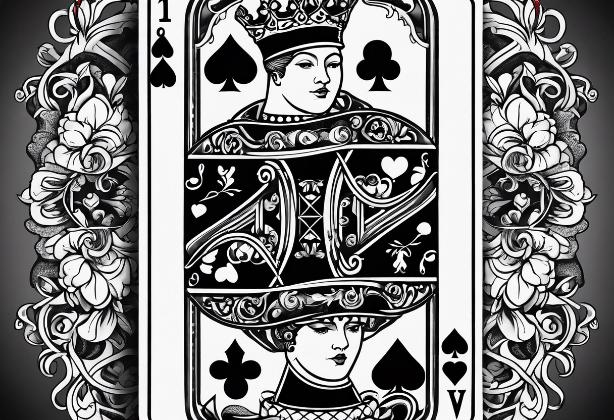 one playing card with both queen of hearts and king of spades incorporated in extreme minimalistic  style tattoo idea