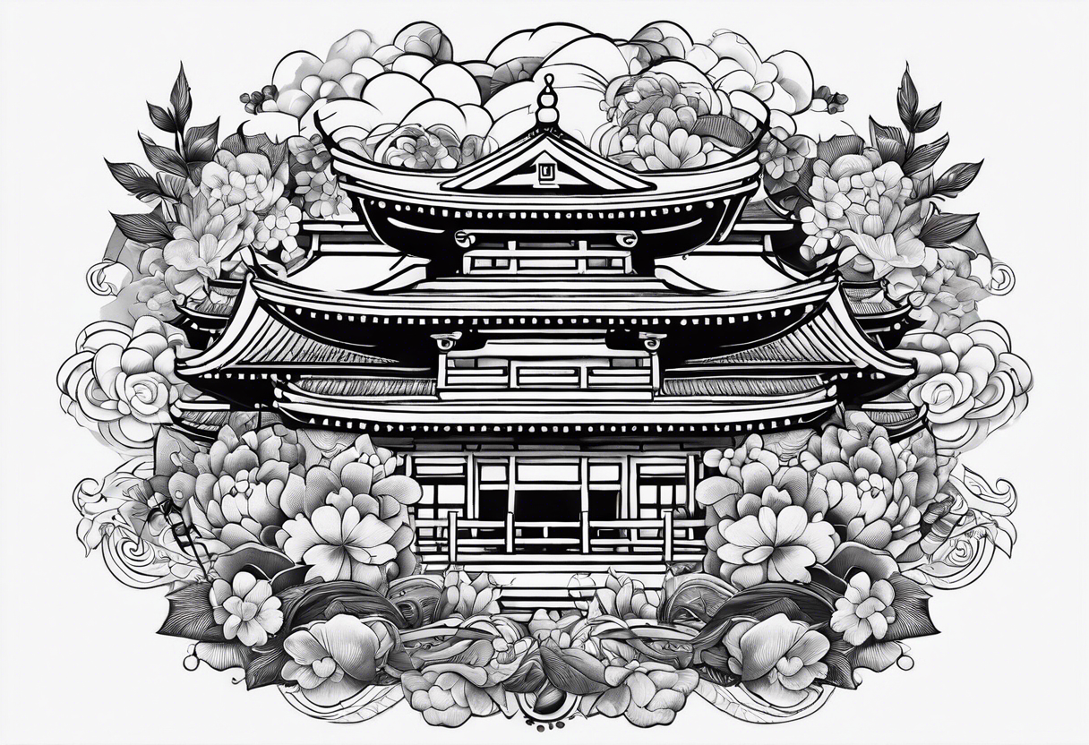 Samurai and Japanese Temple Tattoo Design with Koi Fish, AI Art Generator