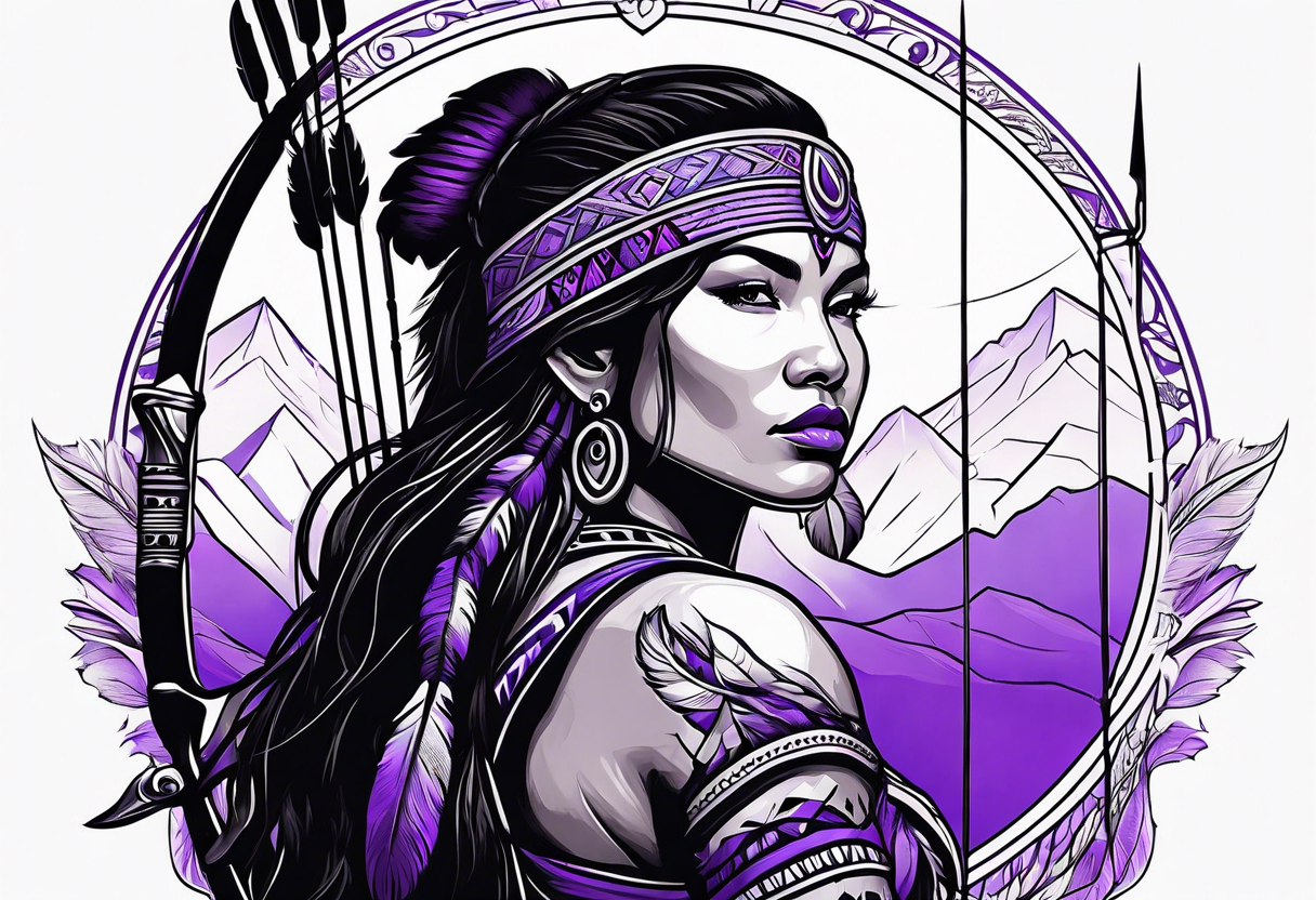 native american female archer on a purple buffalo tattoo idea