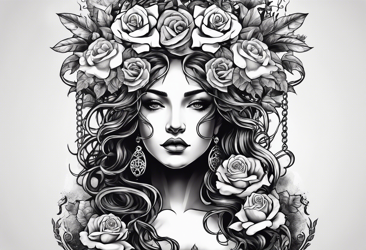 Medusa with decaying roses and the words never surrender at the base tattoo idea