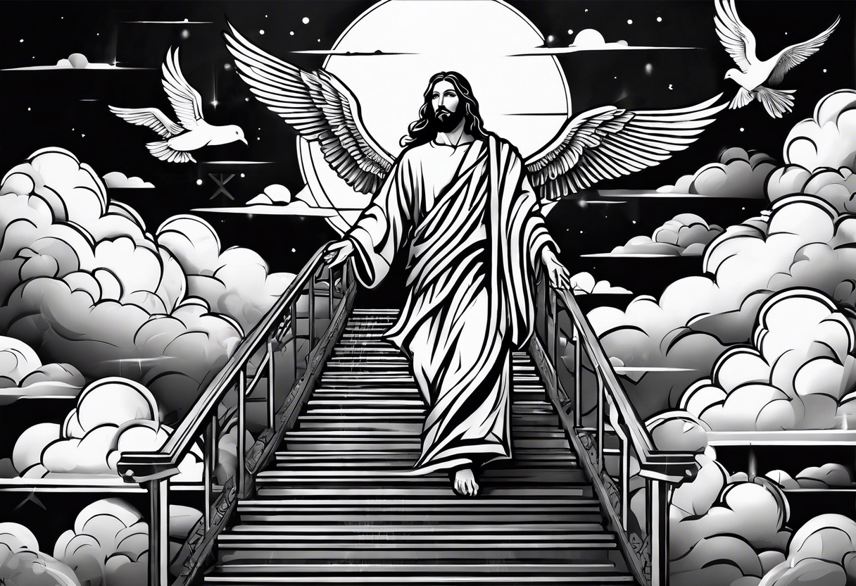 Jesus standing on a flight of stairs looking down with clouds, sunshine and a dove in the background on the upper arm tattoo idea