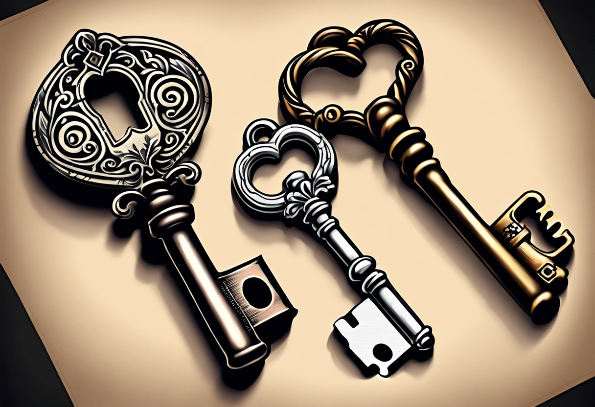 couple tattoos of an old antique key and lock, when the tattoos are side by side they look like the key unlocks the lock. tattoo idea