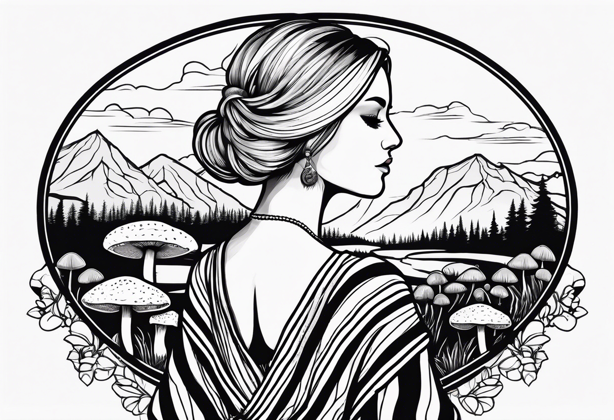 Straight blonde hair girl holding mushrooms in hand facing away toward mountains surrounded by mushrooms circular design black and white striped dress tattoo idea