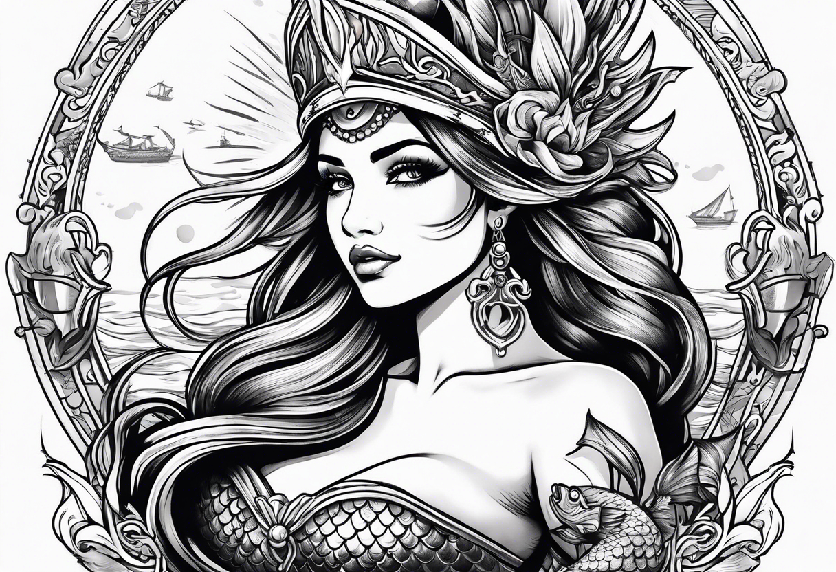 mermaid with galleon ship tattoo idea