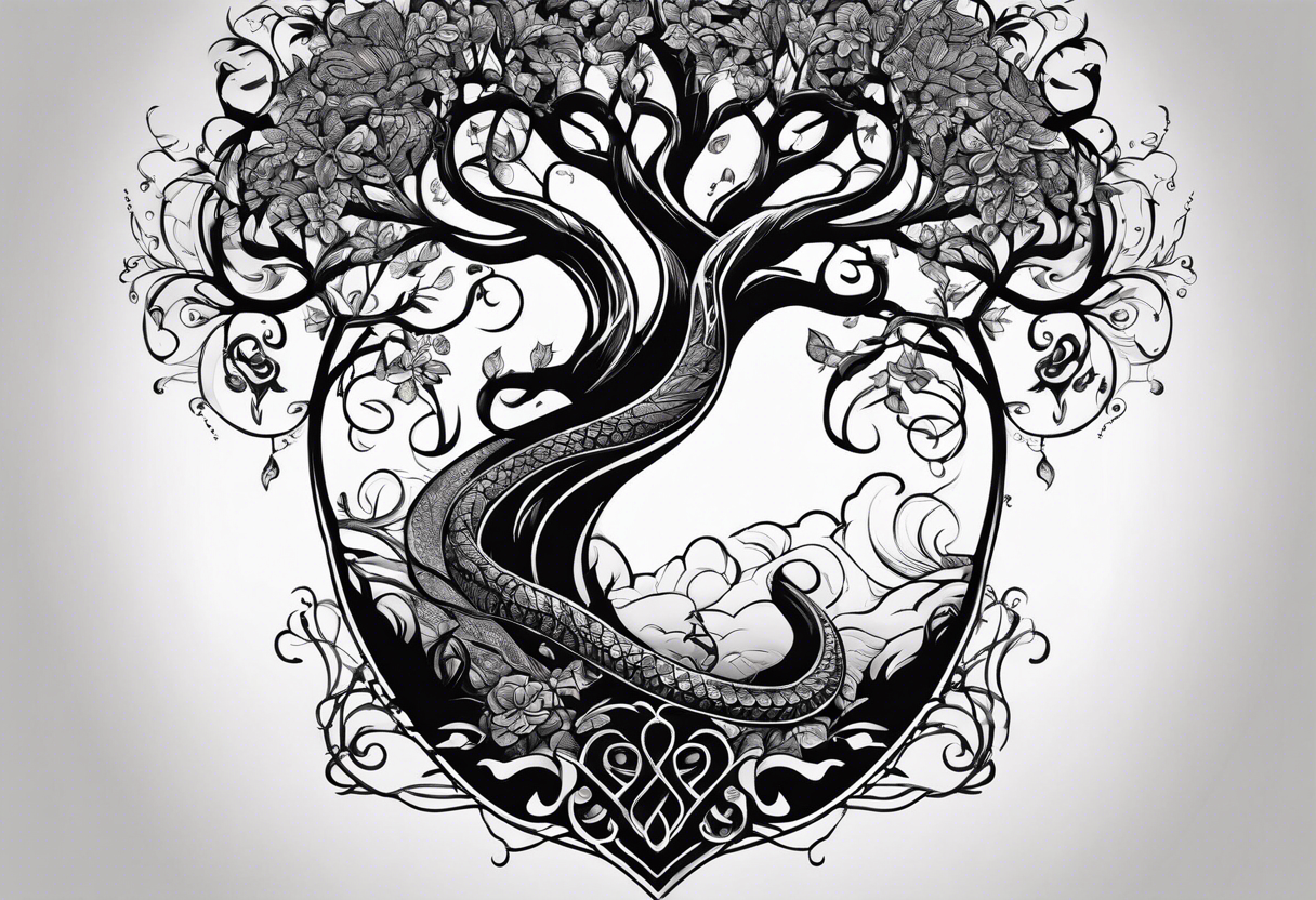 ARBRE DE VIE QUI SE TRANFORME EN SERPENT DANS LE STYLE DISNEY tattoo idea