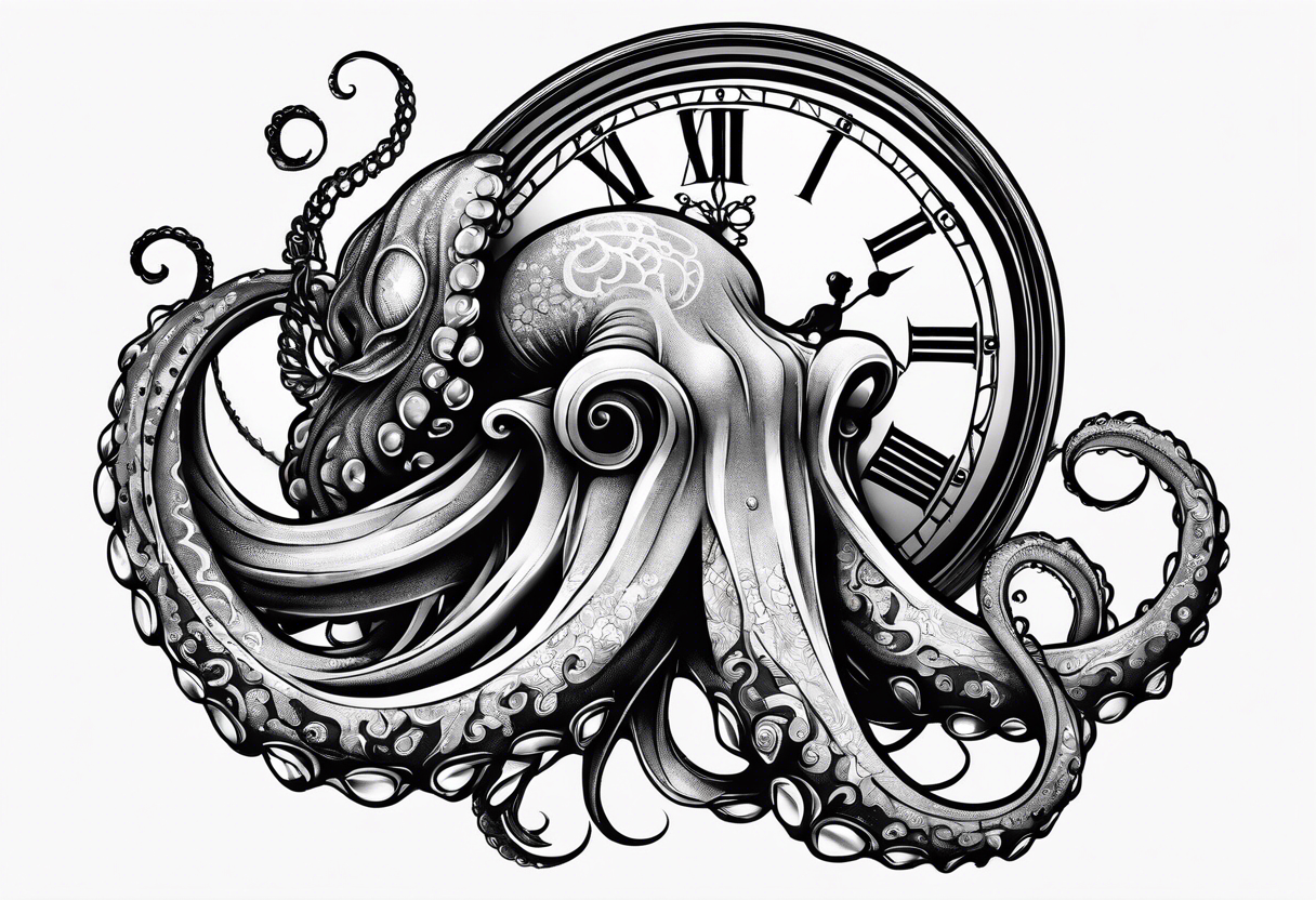 to be drawn in the arm, pocket watch wrapped under an aggressive octopus in side view tattoo idea