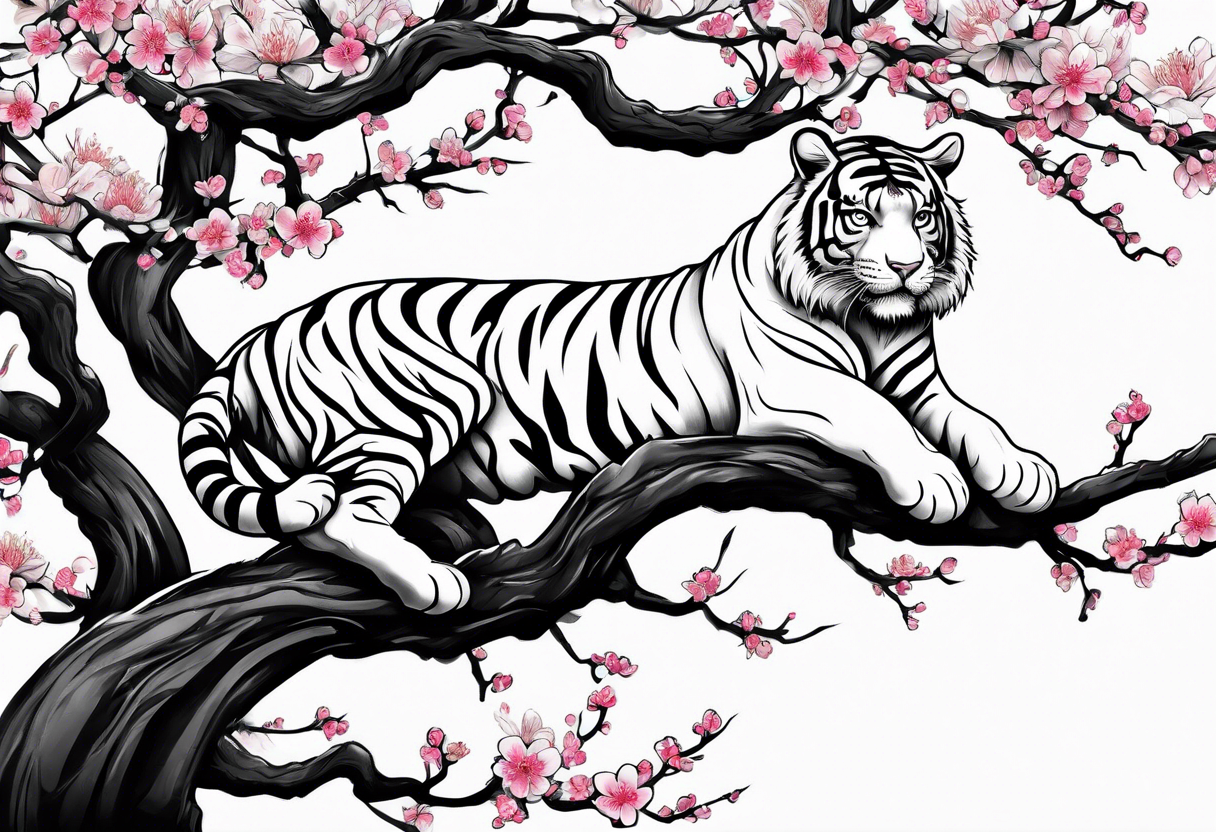 Twisted gnarly cherry blossom tree with tiger under it tattoo idea