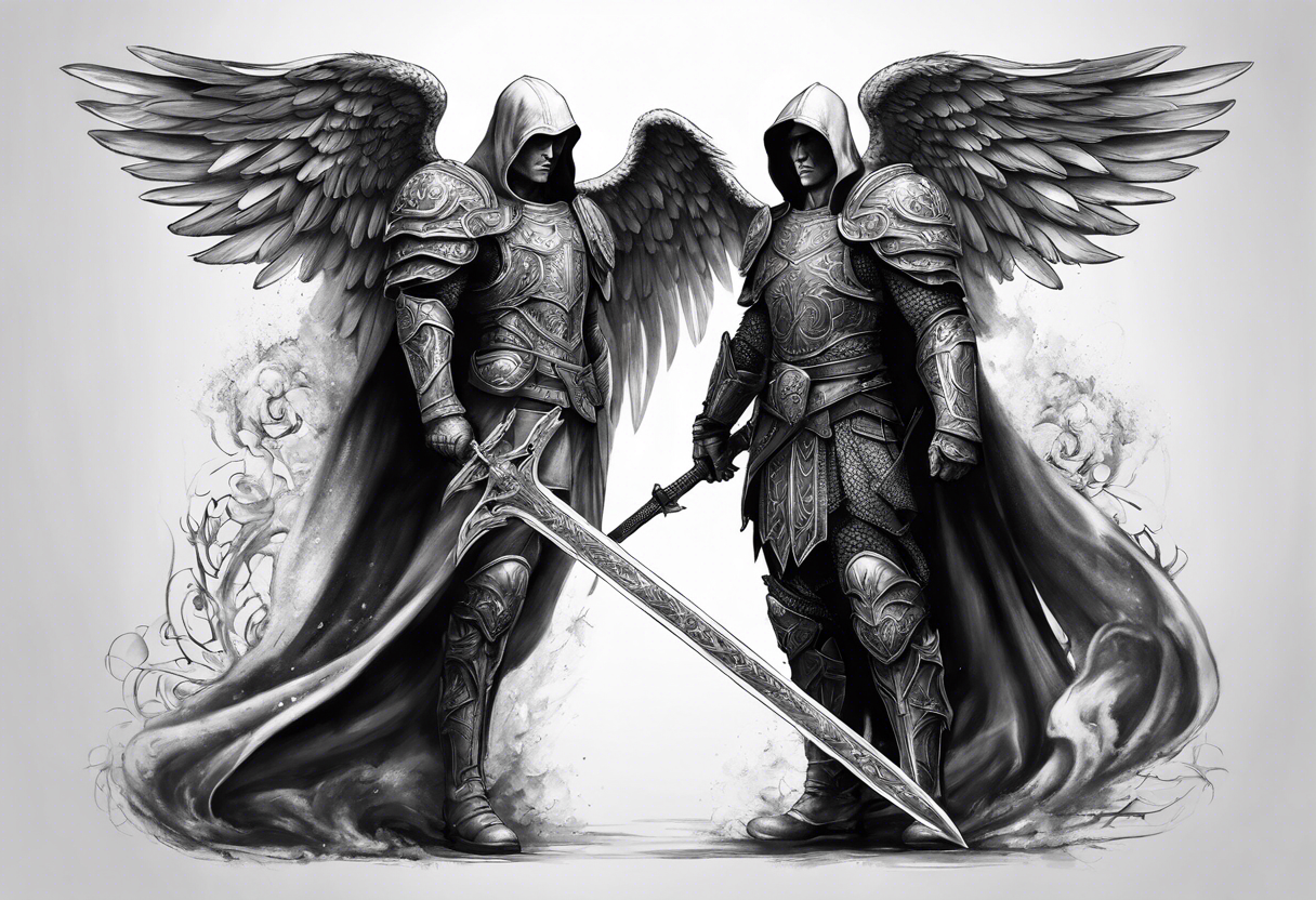 realistic full body of man angel of death, without face, with armour, holding sword in right hand tattoo idea