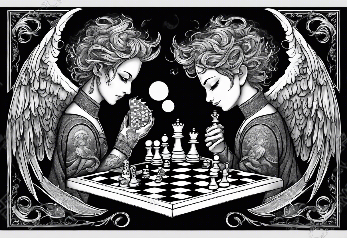 Depict an angel and demon playing chess on a board that morphs from celestial clouds to fiery inferno, representing the merging of the spiritual realms in the eternal game. tattoo idea