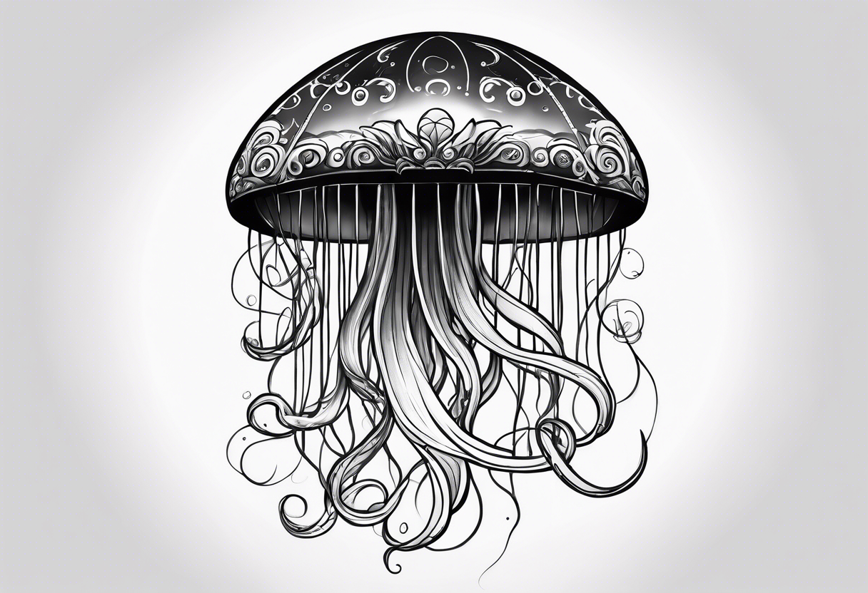 jellyfish with a small head and really long tentacles. Add clouds behind it like it’s floating in the sky tattoo idea