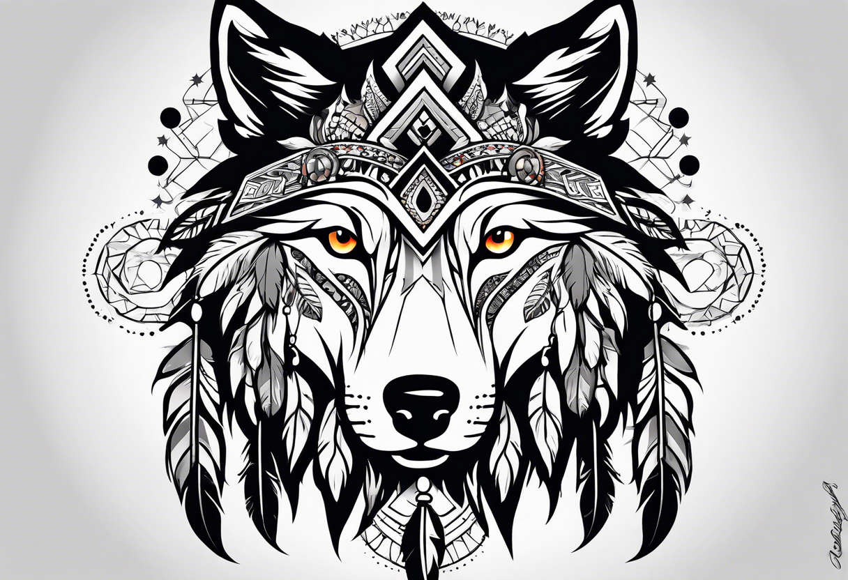 Inspired by Native American art, featuring traditional patterns and symbols like feathers and dreamcatchers integrated with the wolf’s image. tattoo idea