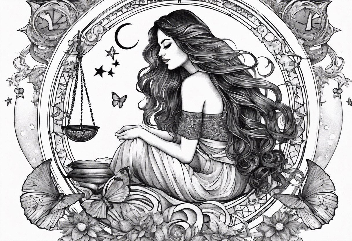 Beautiful woman with butterflies in her long wavy hair sitting on a half moon holding the libra scales with a moon and star background tattoo idea