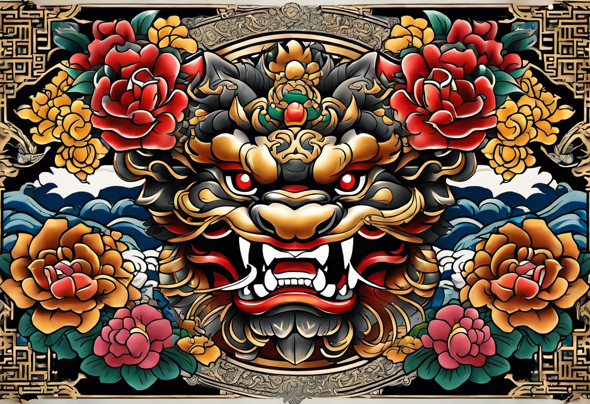 Double chest piece, done in Neo Japanese style of Okinawa shisa. On one side is the male with his mouth open, and the other side, the female with her mouth closed. tattoo idea