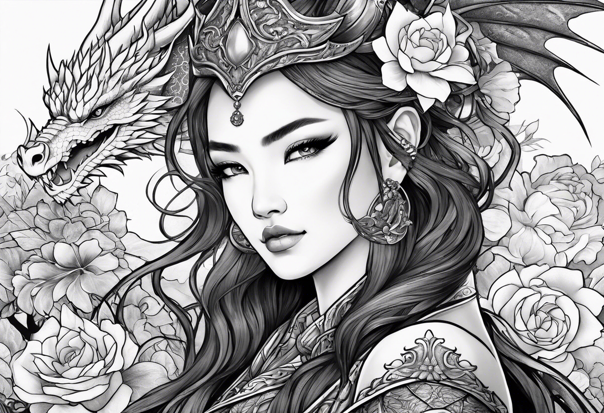 beautiful warrior woman wearing dragon armor and a floral background and a dragon a full picture tattoo idea