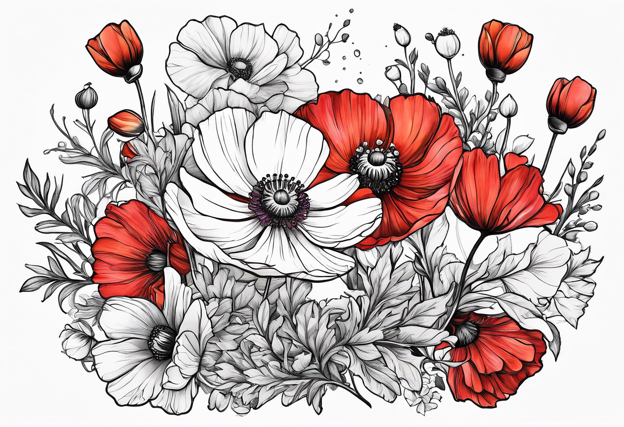 Cosmos, Poppy’s and Honeysuckle tattoo idea