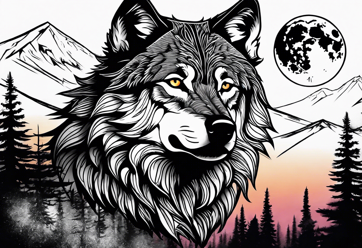 Wolf wearing sunglasses
Mountain peaks
Dark forest
Sunset
Moon tattoo idea