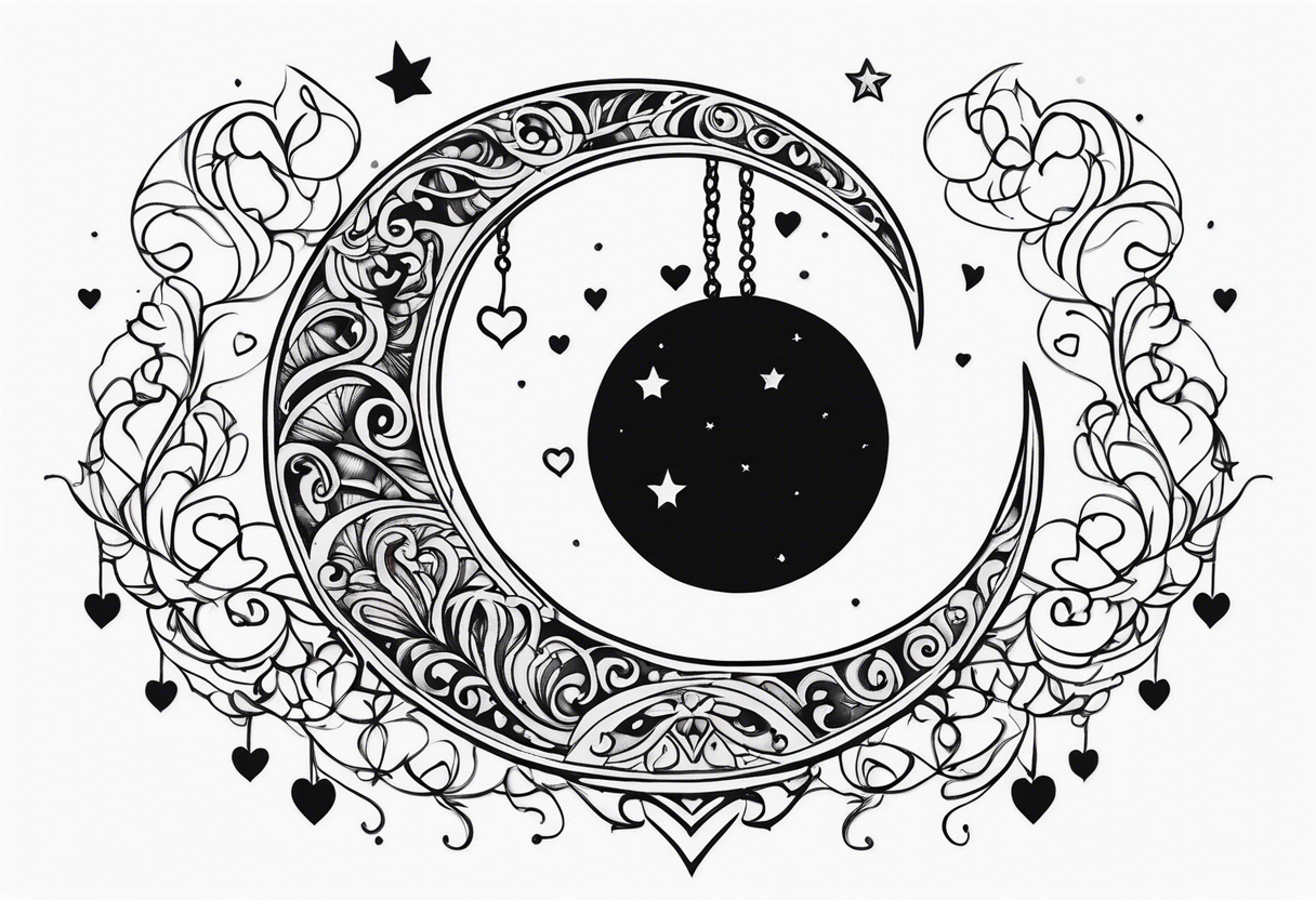 Crescent moon with hearts dangling from the bottom of it tattoo idea