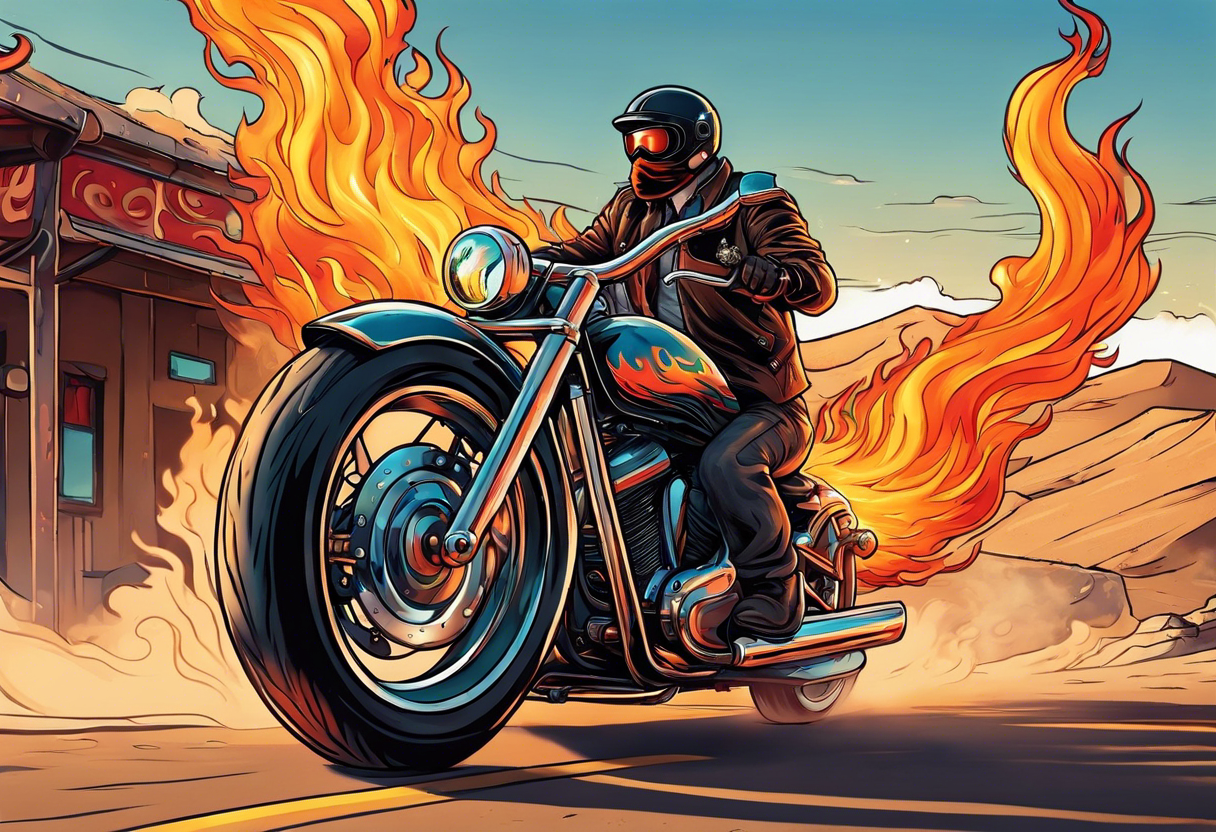 A single eyeball with arms & legs & a mustache riding a motorcycle with flames coming out the pipes. The rider should be face on and there should be a desert scene in the background tattoo idea