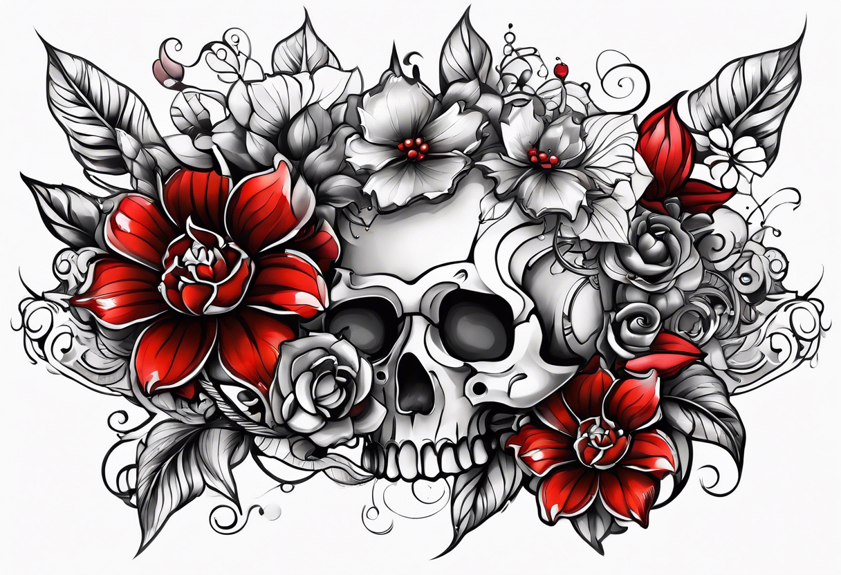 Mechanical flowers with red accents tattoo idea