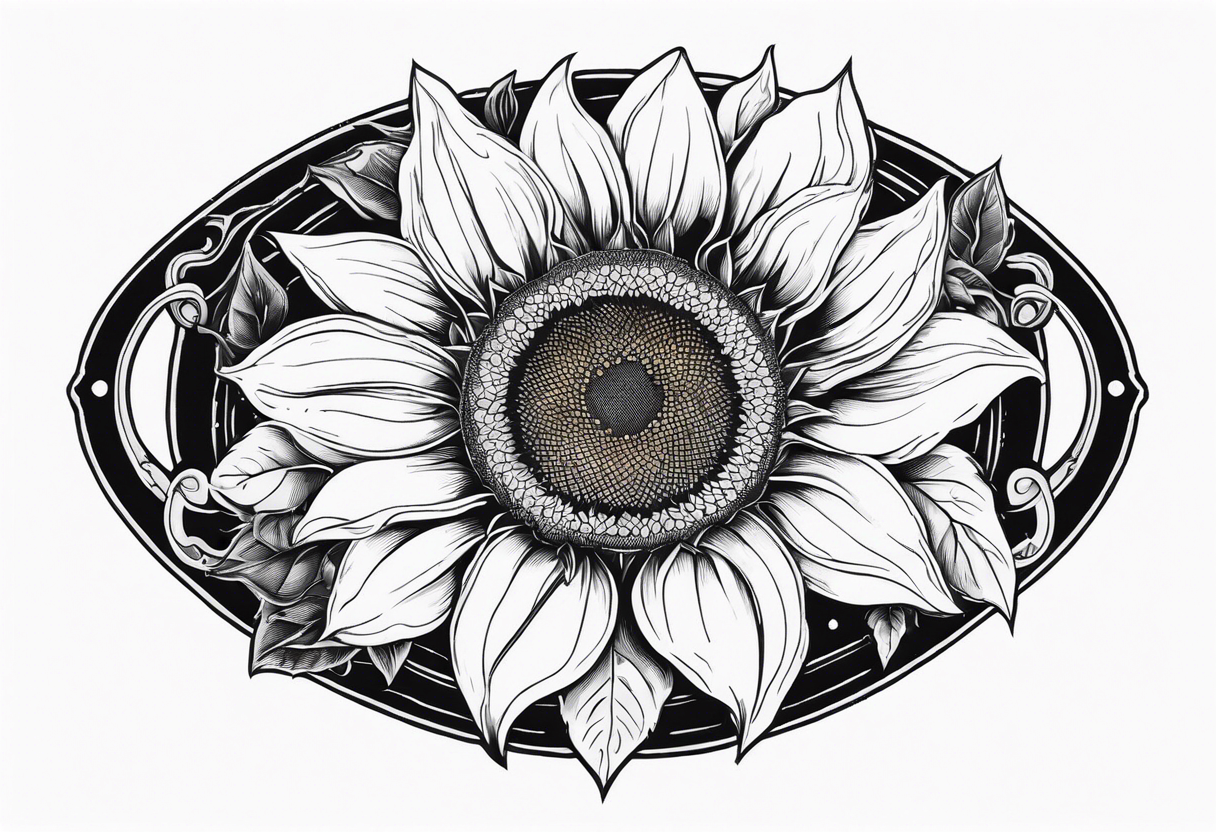 A steel horseshoe with a sunflower in the center tattoo idea