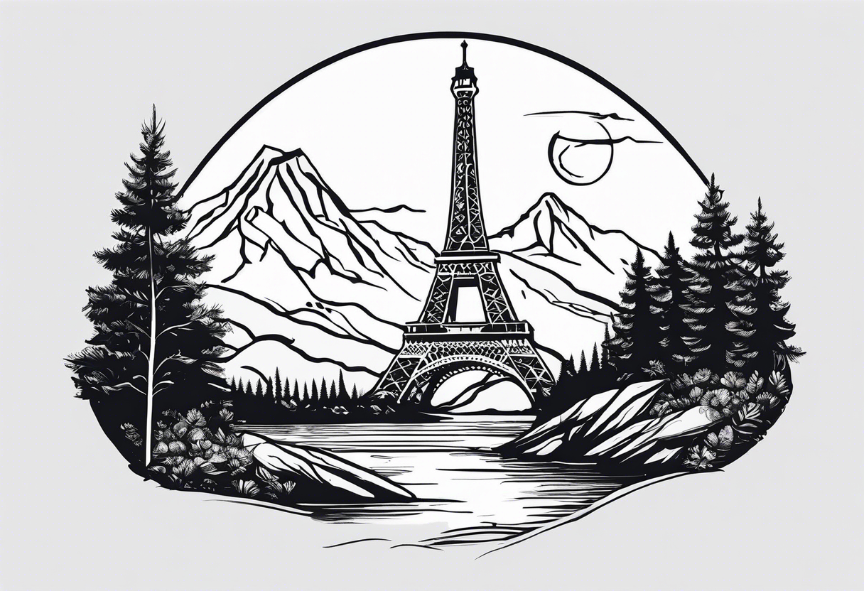 a river flowing beneath eagle's nest next to the eiffel tower next to a mountain chain tattoo idea