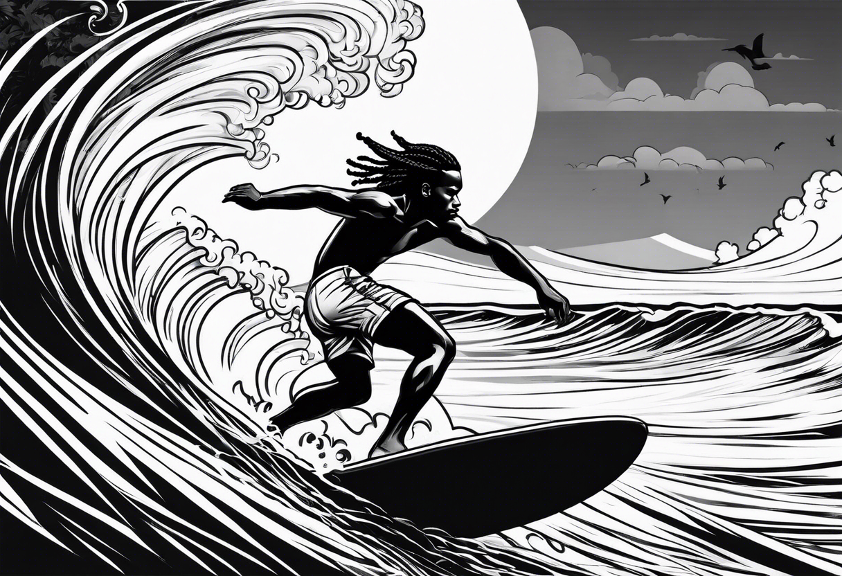 Black man with dreadlocks 
surfing tattoo idea