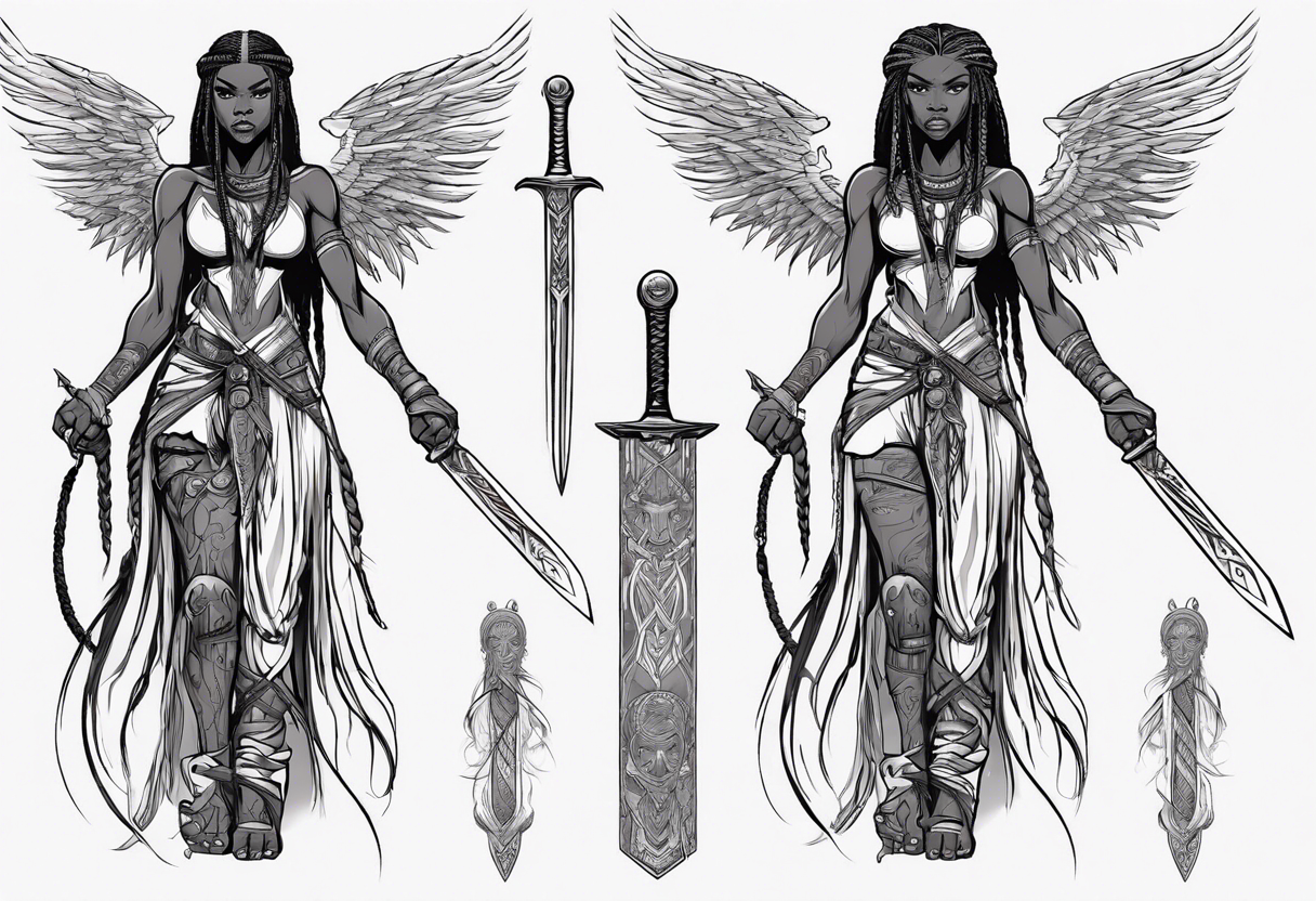 African female Viking valkyre angel full body 
slim long face small mouth long braided hair holding sword tattoo idea