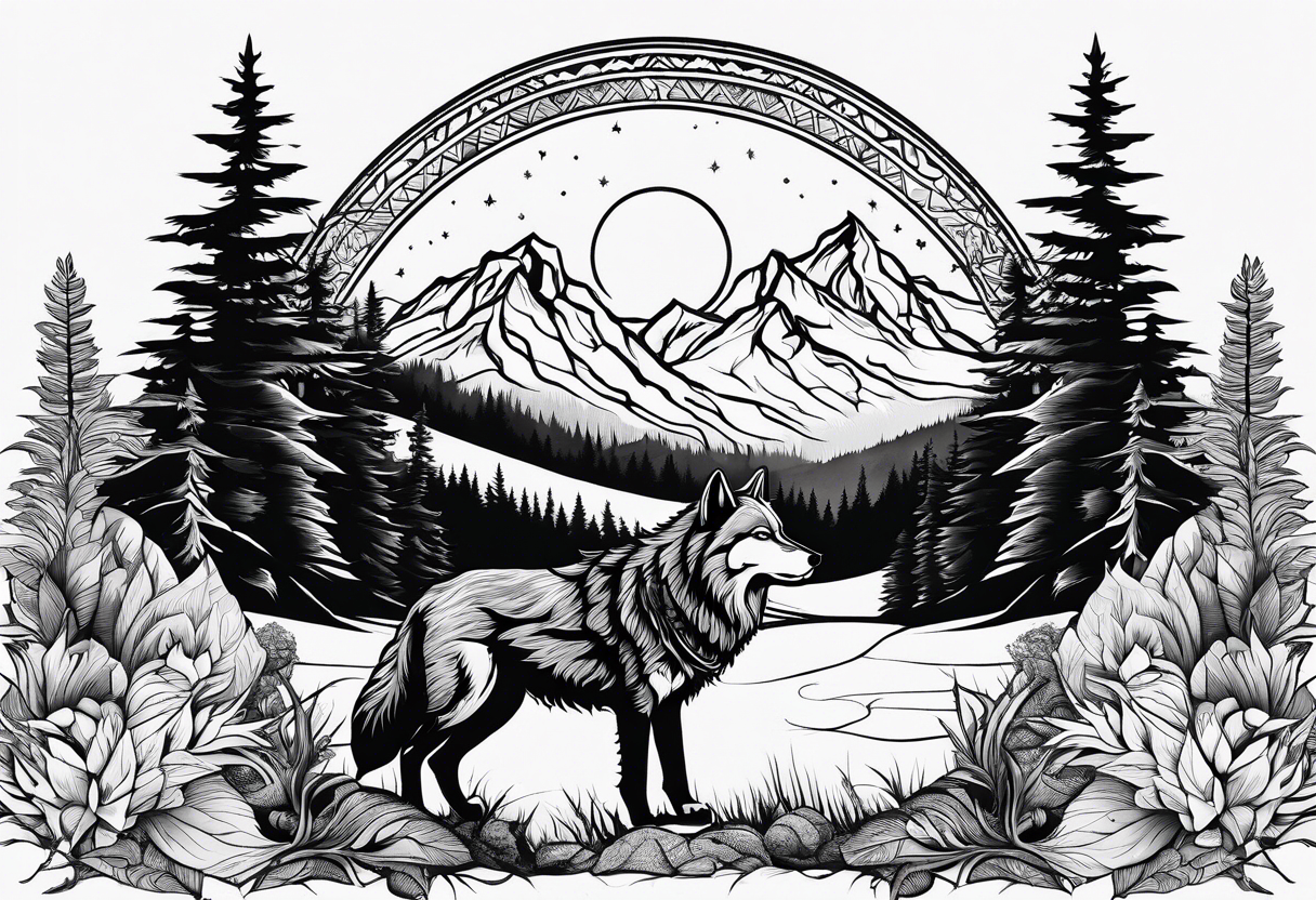 Halber Wolf
Keltische Runen
Vor einen Wald mit Bergen tattoo idea