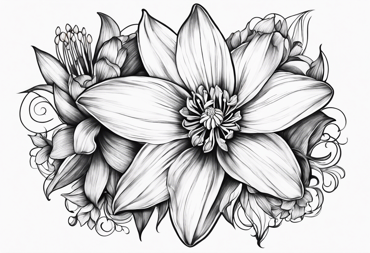 Intertwined daffodil, larkspur, and water lily tattoo idea