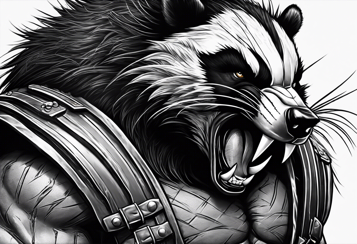 Draw me badger/wolverine with aggressive full body show, killer face with cute smile, very long nails and he attacks like a Turkish gladiator to enemy and also he has very deadly looking. tattoo idea