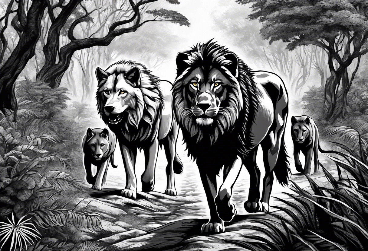 wolf pack and lion pack in the jungle far away walking towards a tree tattoo idea