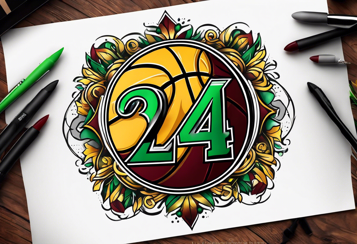 basketball number 24 with colors green, yellow, maroon and black tattoo idea