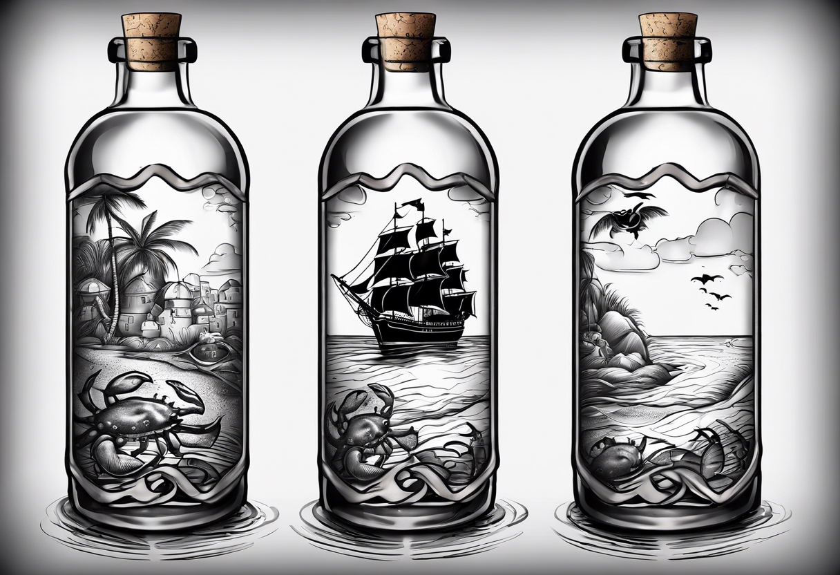 A message in a bottle with pirate map inside and a crab protecting the bottle. The bottle is old and has a cork. perhaps cracked a little. String tied around the top. 3D with background shading. tattoo idea