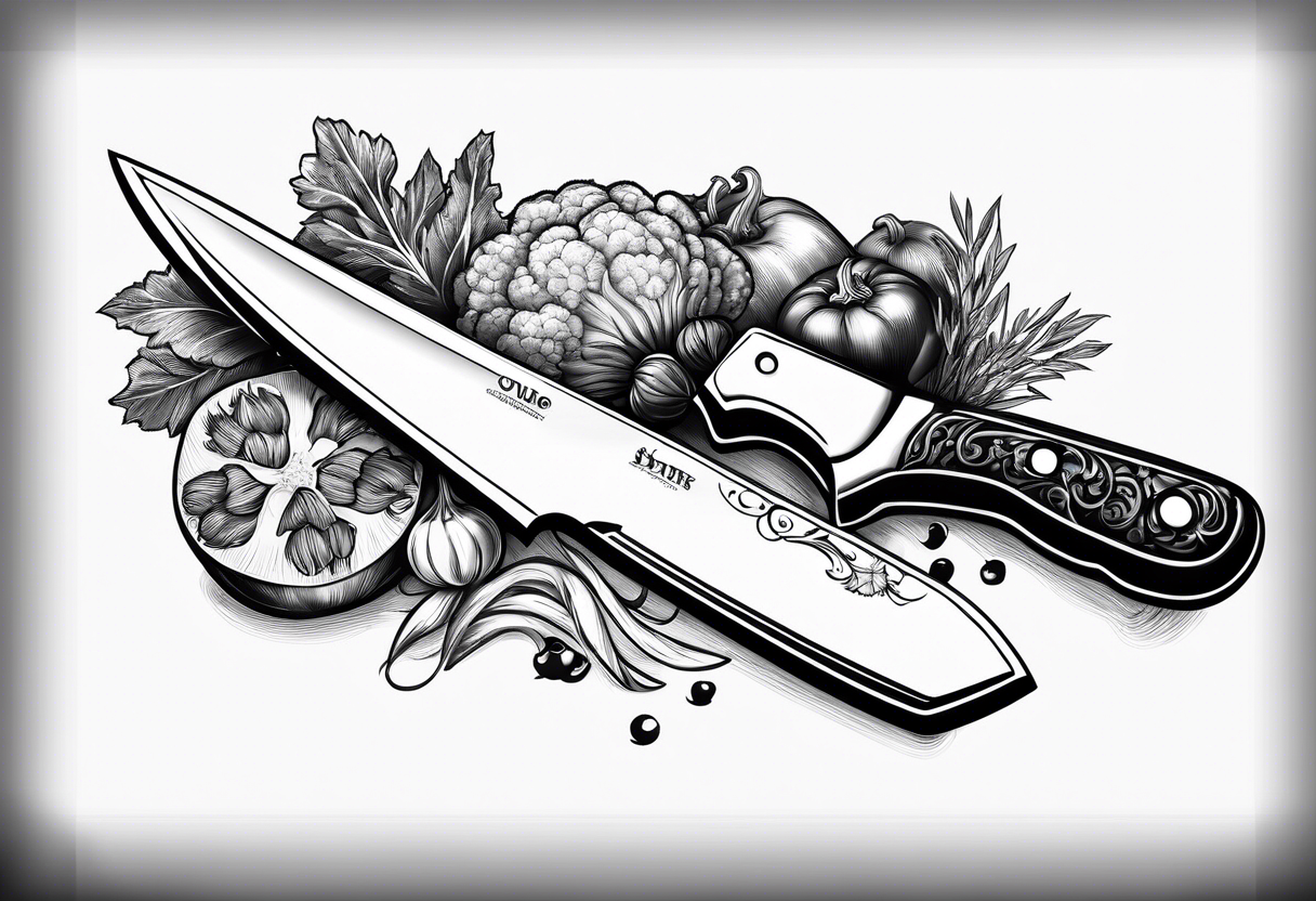 simple Chef knife with vegetables inside blade tattoo idea