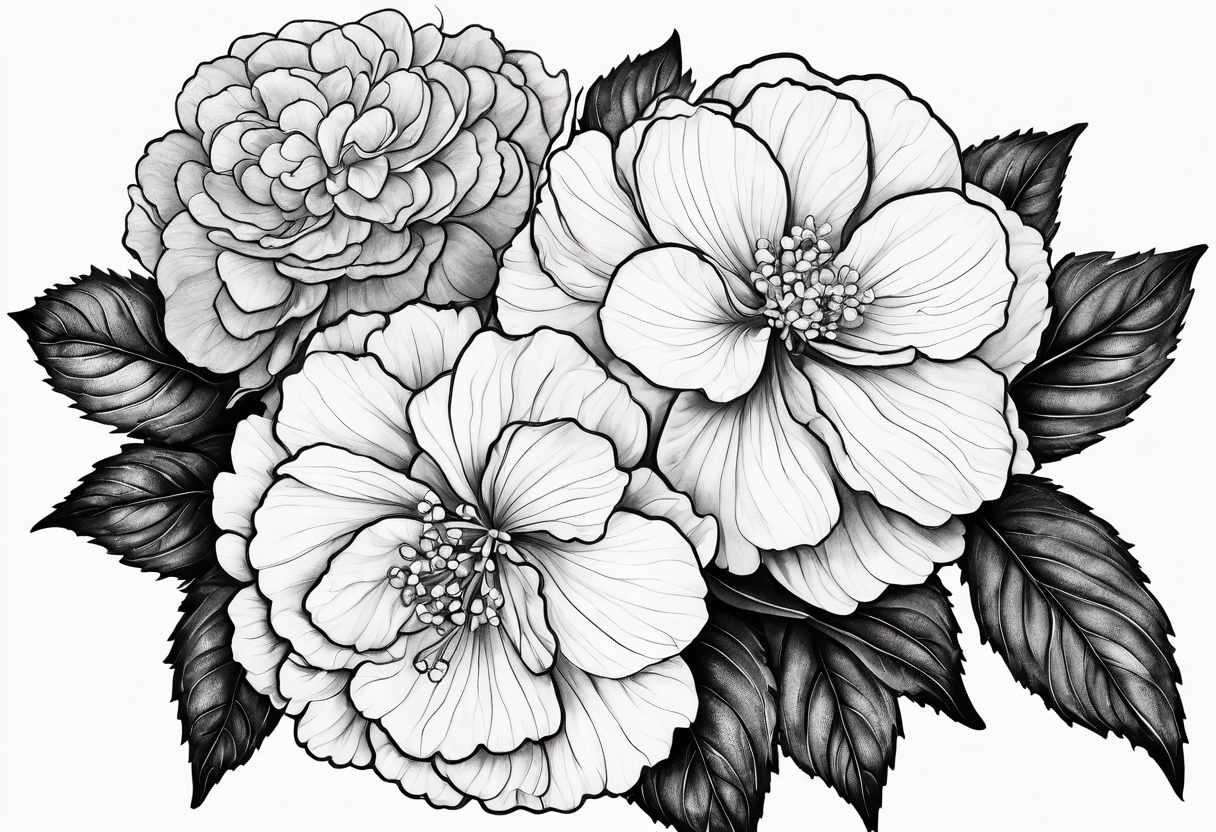 Begonia flower, hydrangeas, marigold tattoo idea