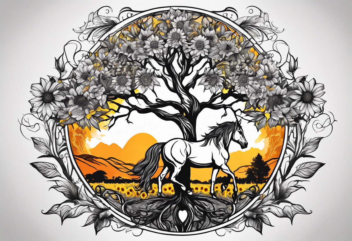 Yggdrasil tree, horse in front of it, and sunflowers tattoo idea