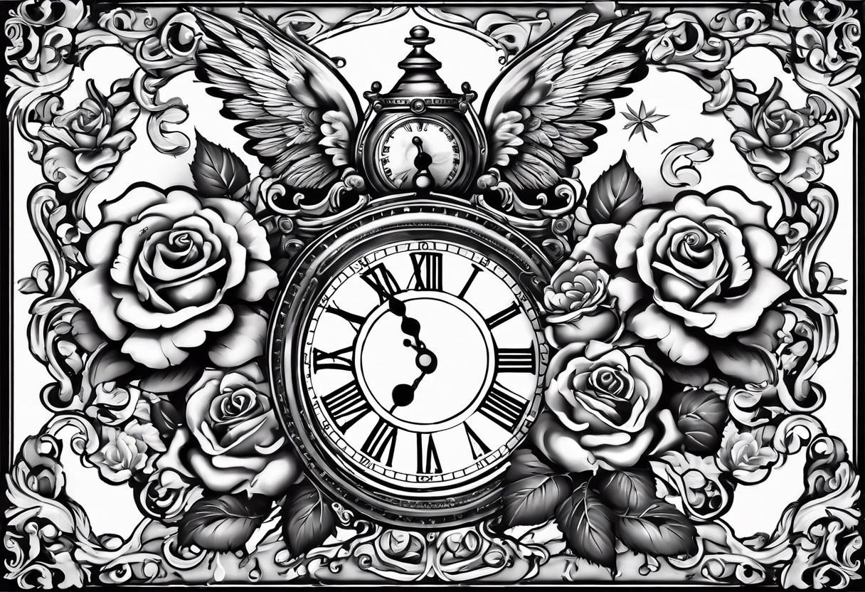 Half sleeve on arm of beautiful old fashion clock with roses, cherubs, angels, and the name chase Peter in a scroll tattoo idea