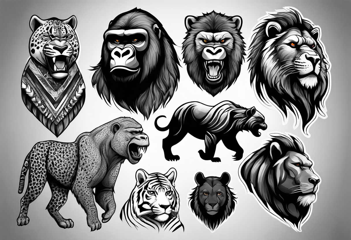 A gorilla, cheetah, rhino, rat, velociraptor, tiger and falcon tattoo idea