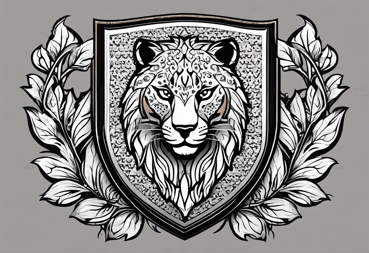 A shield with small leopar head as shield's emblem. The shield would be hang on a ivy planted wall tattoo idea