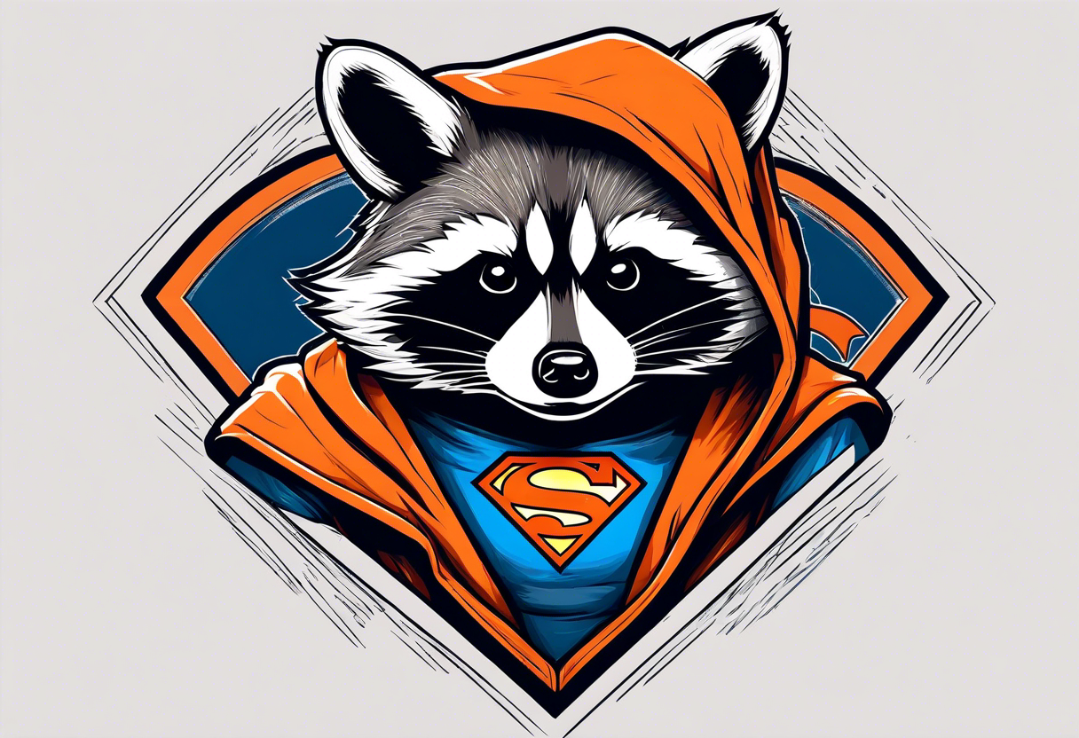 Raccoon wearing an orange Superman hoodie tattoo idea