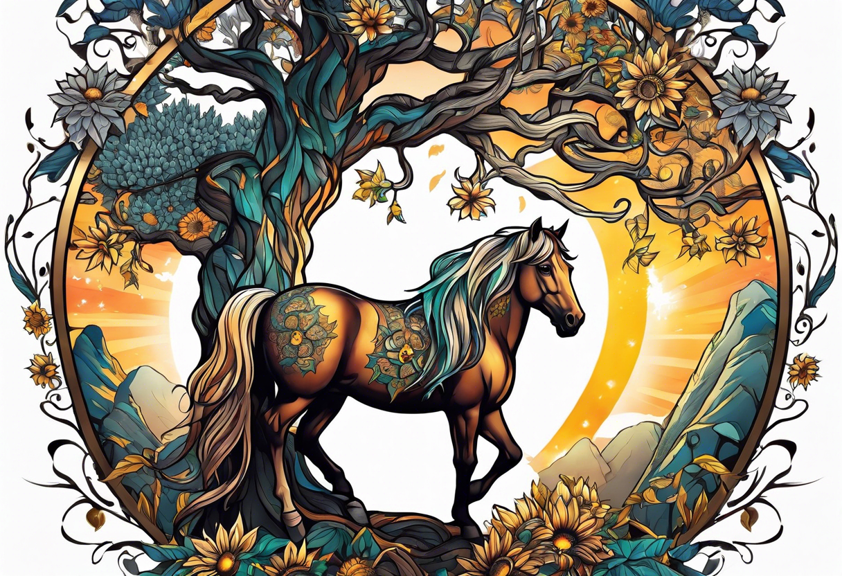 Yggdrasil tree, horse, sunflower tattoo idea