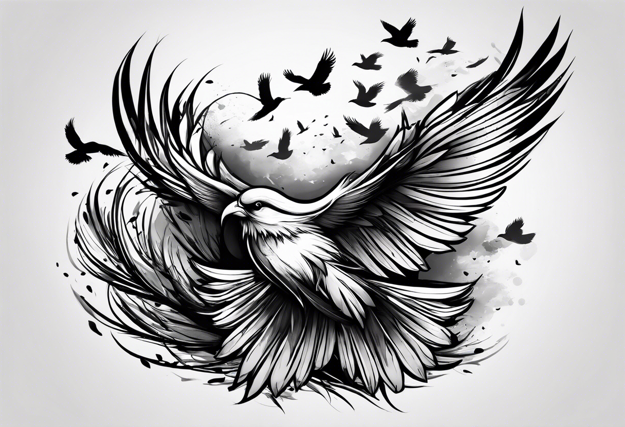 A feather turning into a flock of birds, representing freedom and liberation tattoo idea