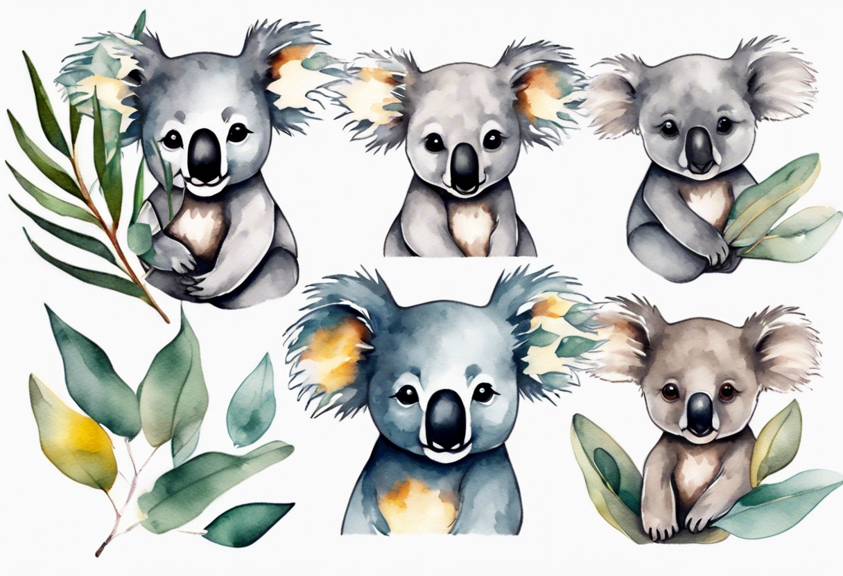 Small koala with eucalyptus leaves and wattle leaves tattoo idea